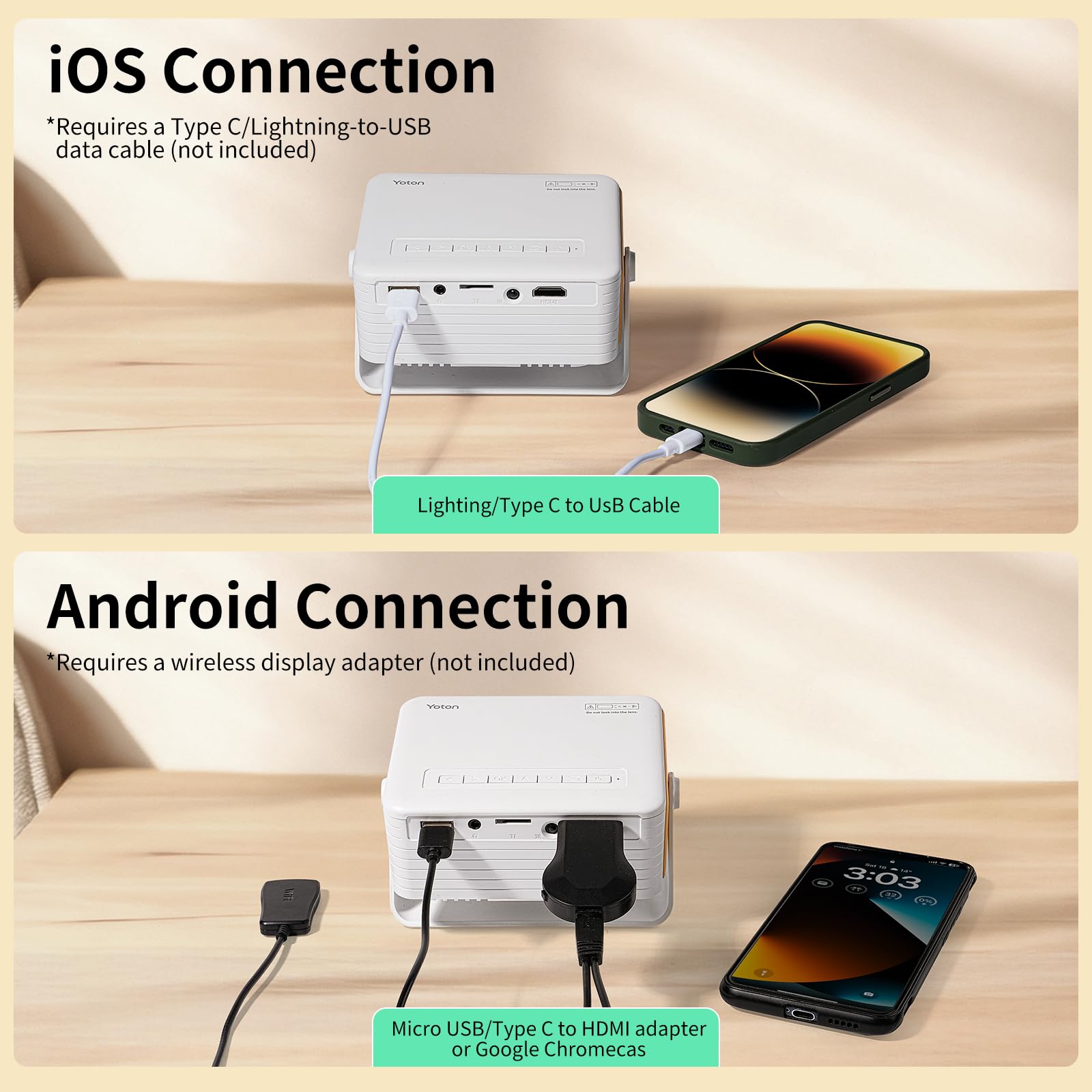 Mini Proiettore Basso Rumore (<30 dB), 2025 Upgraded Yoton Y3 Proiettore Portatile Supporto Full HD 1080P, Auto Keystone, Zoom 50%, Rotabile 360°, per Phone/TV Stick/HDMI/USB/TF