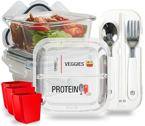 Contenedores de control de porciones para comidas bariátricas, recipientes de vidrio de 8 onzas con dos compartimentos y tapas de 4 onzas (paquete