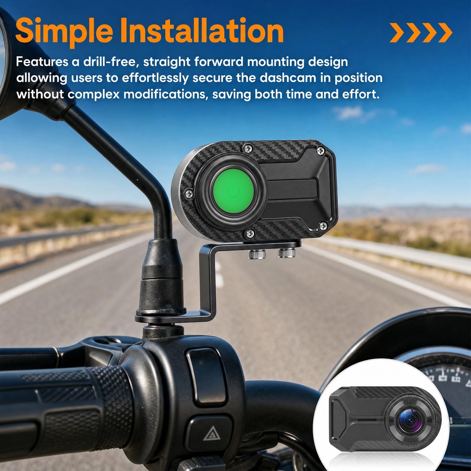Cámara para Salpicadero de Moto Mini 1080P, Cámara Frontal Resistente al Agua (IP66) sin Pantalla, Gran Angular de 110°, App-WiFi (Alertas con pitido -Encontrar el Coche), Grabación en Bucle