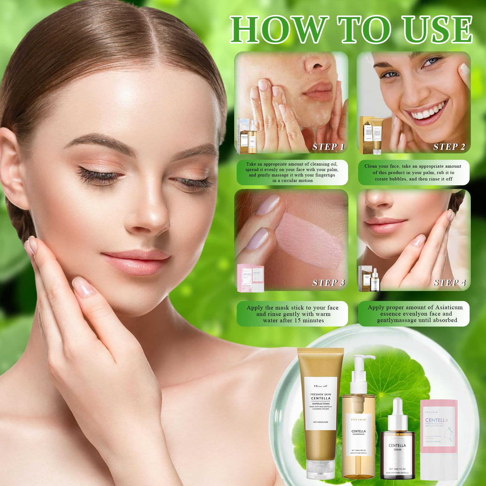 4 Piezas Centella Kit, Centella Cleansing Oil + Centella Limpiador Facial | Asiatica Serum + Centella Stick Mask, Skincare Kit, Suave y Ligero, Apto para Pieles Sensibles