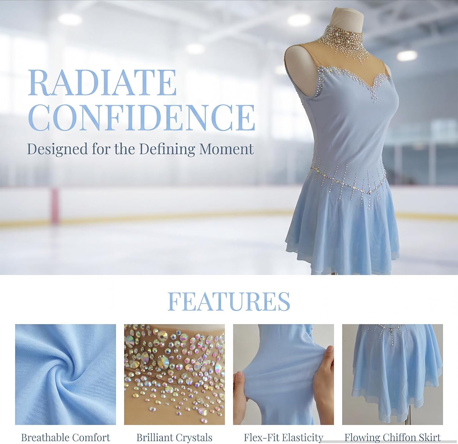 LIUHUO Figure Skating Competition Dress Girls Women | High Neck, Mesh Crystal, Costume, Sleeveless, V Back , Flowy Mesh Skirt ,Sparkly Rhinestone Comfy, Breathable, Elastic