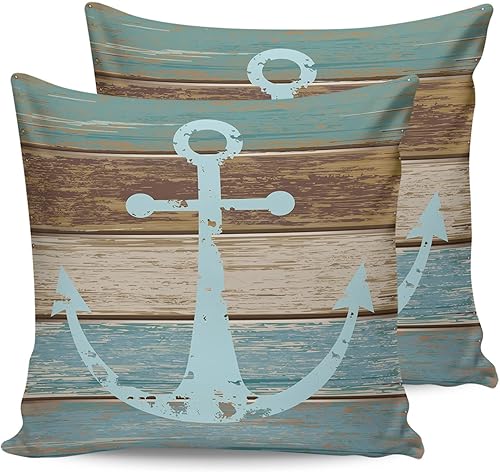 Miniatura 7 de Funda de almohada para exteriores, diseño de ancla verde azulado en tabla de madera de granja, fundas de cojín impermeables, paquete de 2 fundas de