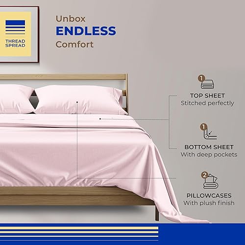 Miniatura 3 de THREAD SPREAD Juego de sábanas 100% de algodón egipcio tamaño Queen  4 piezas de 800 hilos de algodón egipcio Queen (rubor), suave, refrescante,