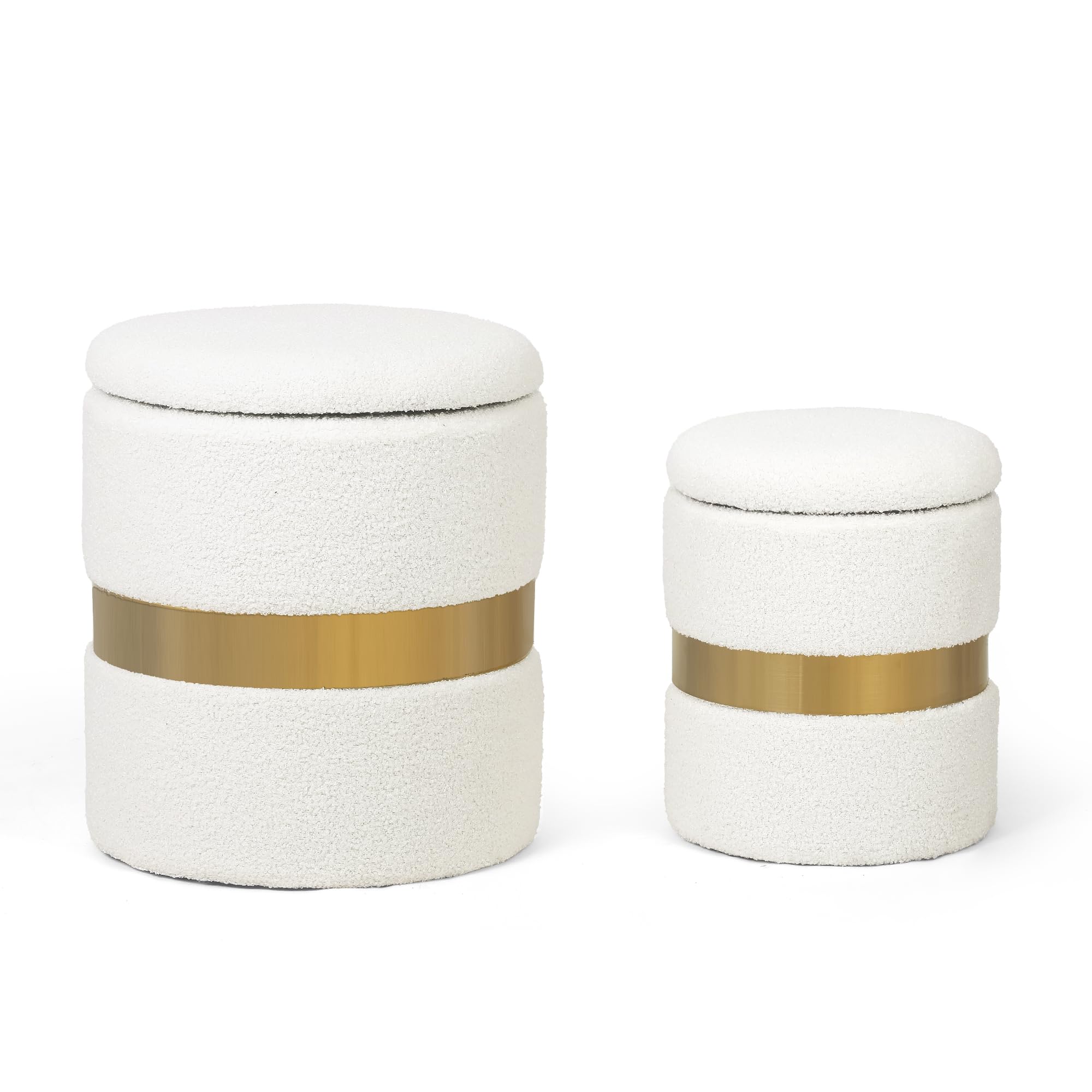 Joveco Round Boucle OttomanOttoman with Storage Set of 2, Velvet Green Ottoman with Gold Metal Band, Upholstered Foot Stools for Home Decor, Large