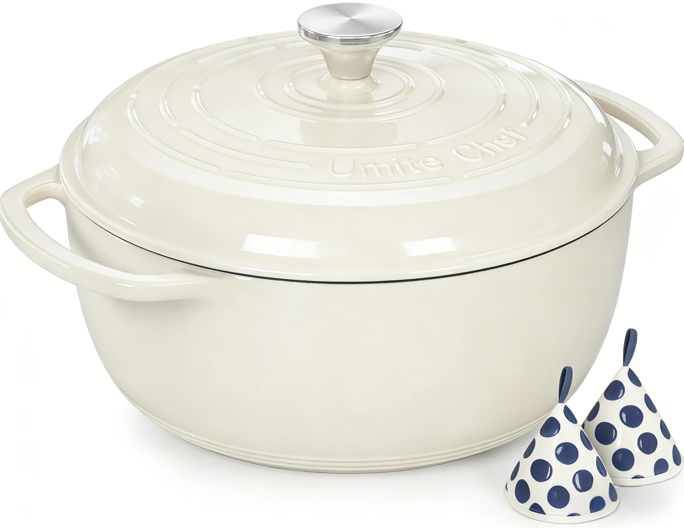 Umite Chef 6QT Enameled Cast Iron Dutch Oven with Lid, Versatile Heavy-Duty Cookware Pot for Baking Bread, Braising, Soups & Stews, Oven & Stovetop Safe with Heat Resistant Gloves（Cream White）