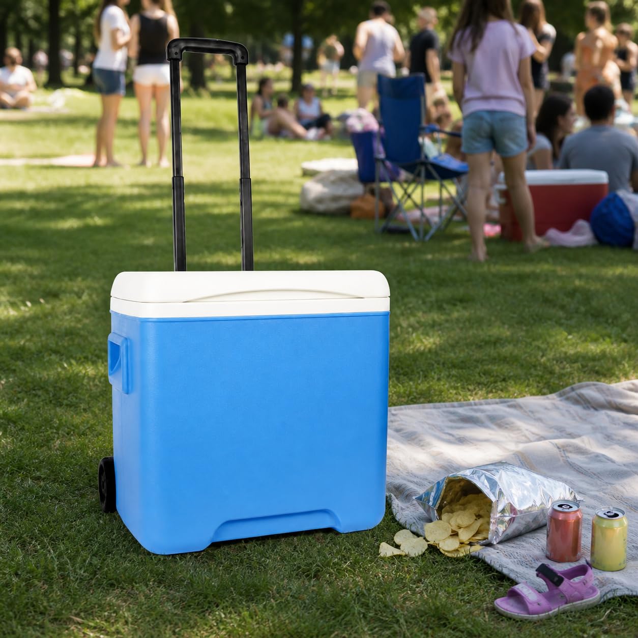Glacière 30 L à roulettes, Bleu avec Porte-gobelet