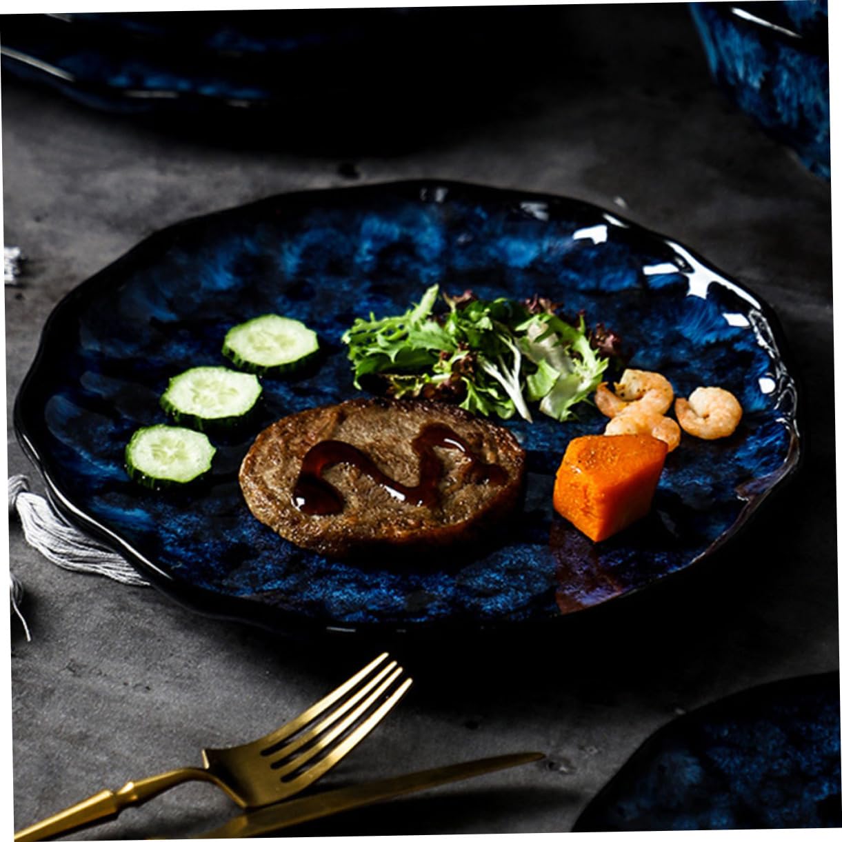 Assiette à Pâtes en Céramique Ronde, Lot D’assiettes Japonaises Bleues, Surface Lisse, Style Simple et Élégant pour Restaurant et Maison