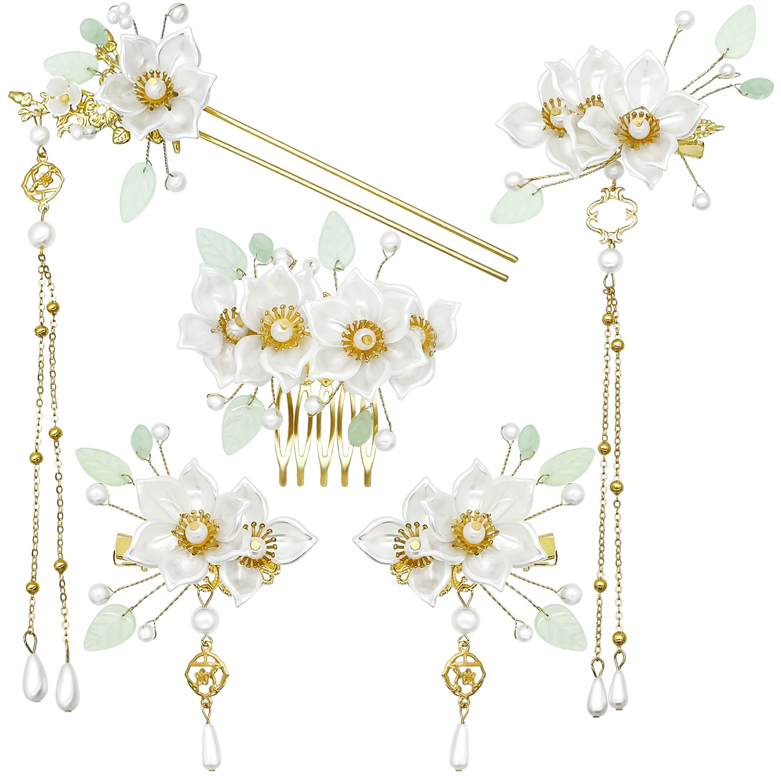 5PCS Camellia Flower Tassels Hairpin Chinese Hair Stick Crystal Rhinestone Pearl Hair Clips Hanfu Hair Pins Vintage Retro Classical Floral Headpiece