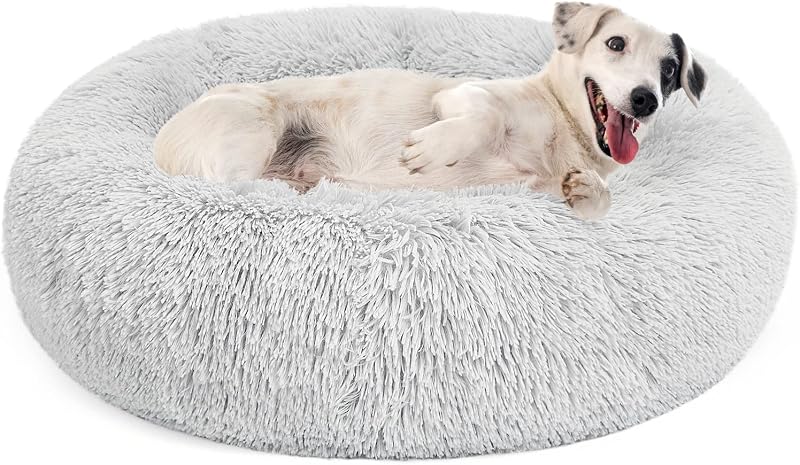 Cama Redonda para Cães e Gatos MIXJOY com Pelúcia Macia e Borda Elevada, Cinza, 76,2 x 76,2 x 20,32 cm