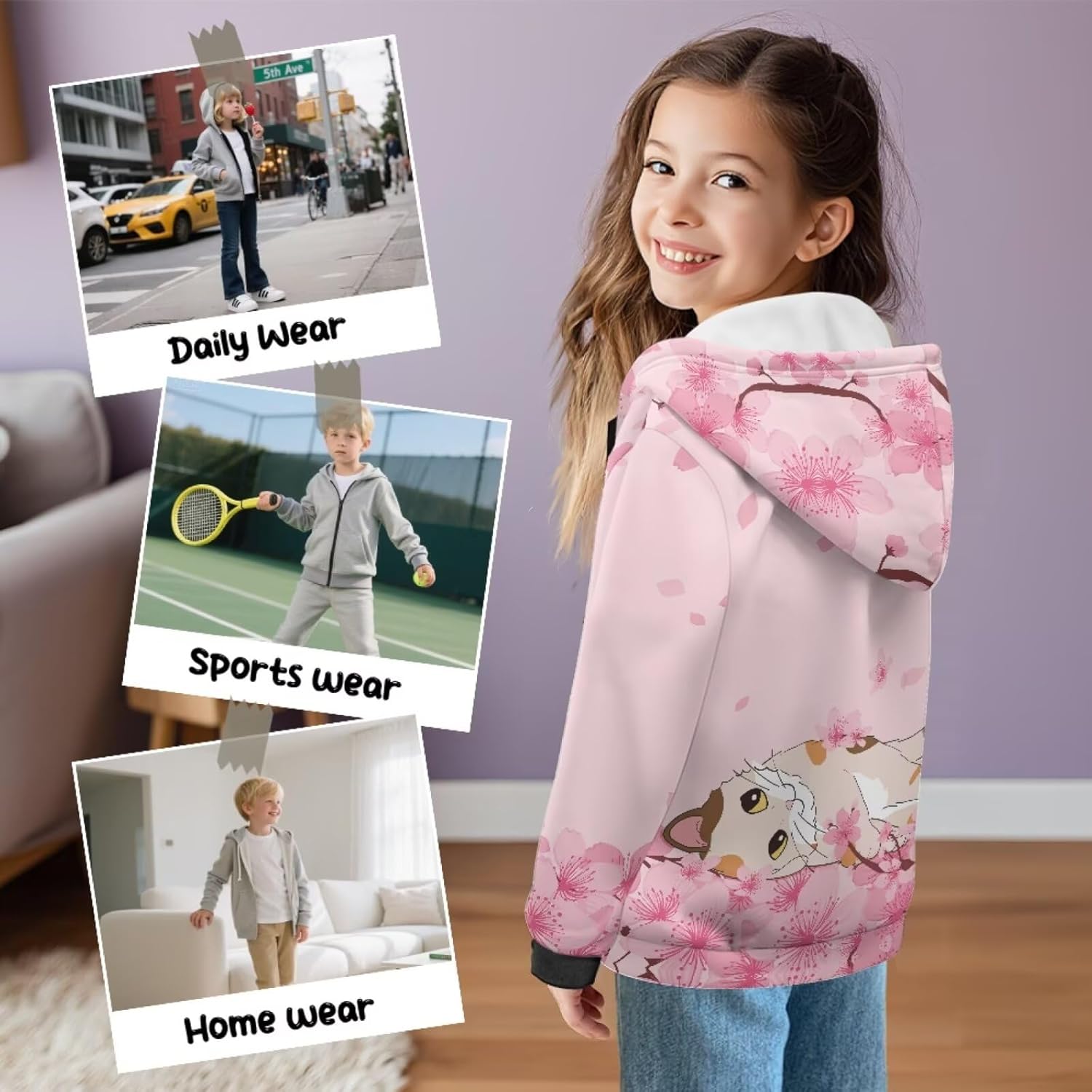 Girls Cat Hooded Sweatshirt Oversized Zip-Up Fleece Hoodie Winter Cardigan Hoodies Sweater for Kids