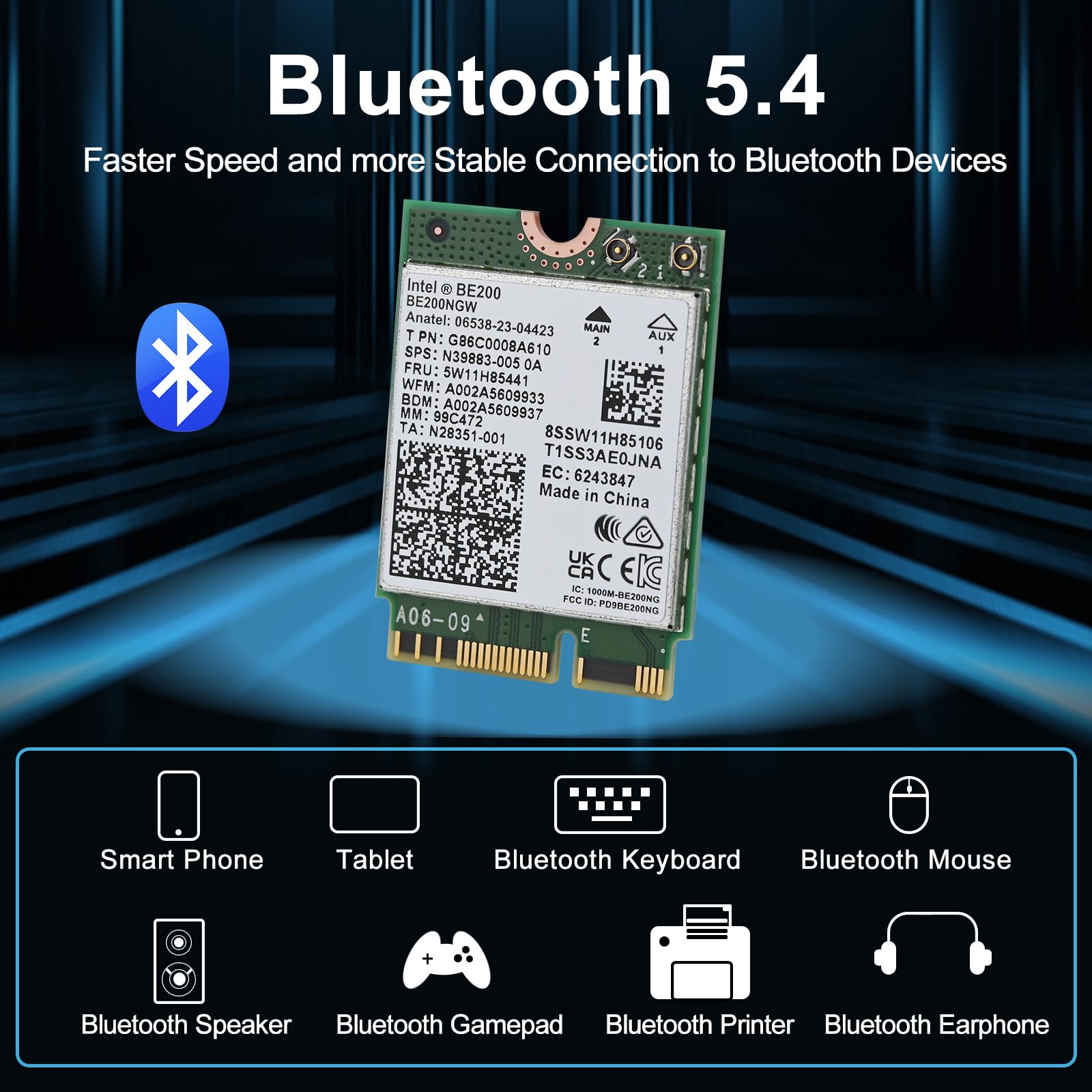 Carte WiFi 7 BE200NGW pour PC Portable, Module M.2/NGFF Key E Intel BE200, Tri-Bande 2,4GHz/5GHz/6GHz Jusqu’à 5,8 Gbps, Bluetooth 5.4, WiFi 7 320MHz, Compatible Windows 11/10 64 Bits, Linux