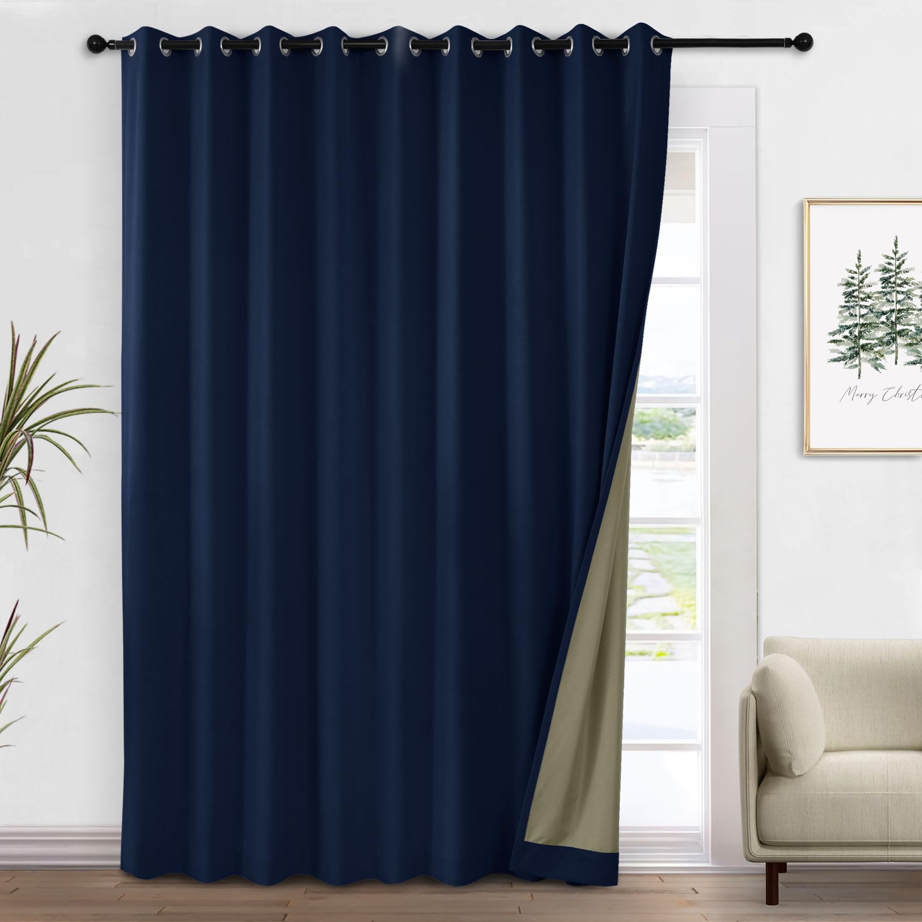 Macochico 100% Blackout Home Theater Velvet Curtains Luxury Thermal Insulated Drapes for Sliding Door Living Room Bedroom Soft Navy Blue Velvet Panels with Tieback Grommet, 150" Wx96 L 1 Panel