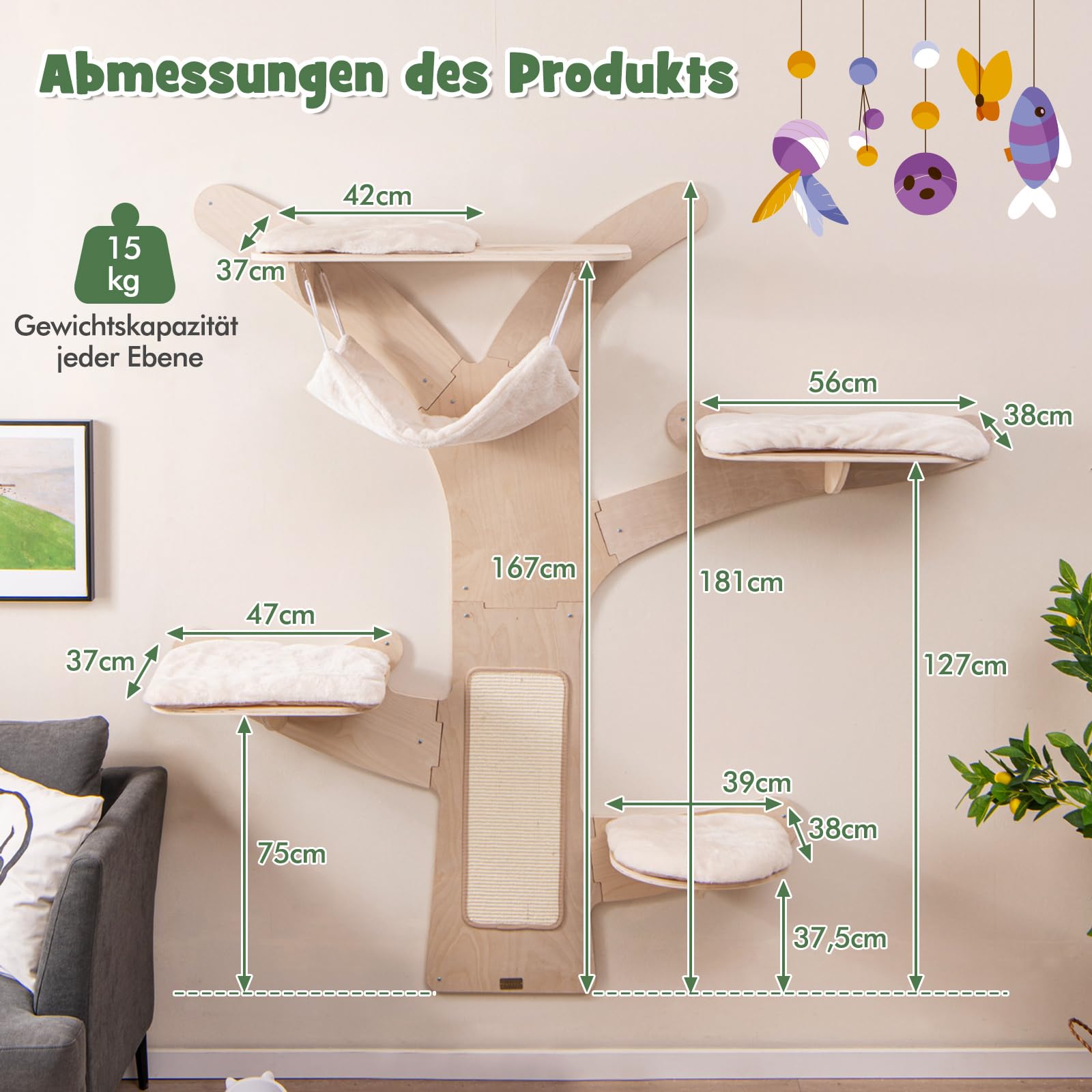 GYMAX Kletterwand Katzen, Katzenwand mit Hängematte, 4 Plattformen & Sisalpfosten, Kratzbaum mit weichen & waschbaren Kissen, baumförmige Katzenmöbel Wandmontage für Hauskatzen