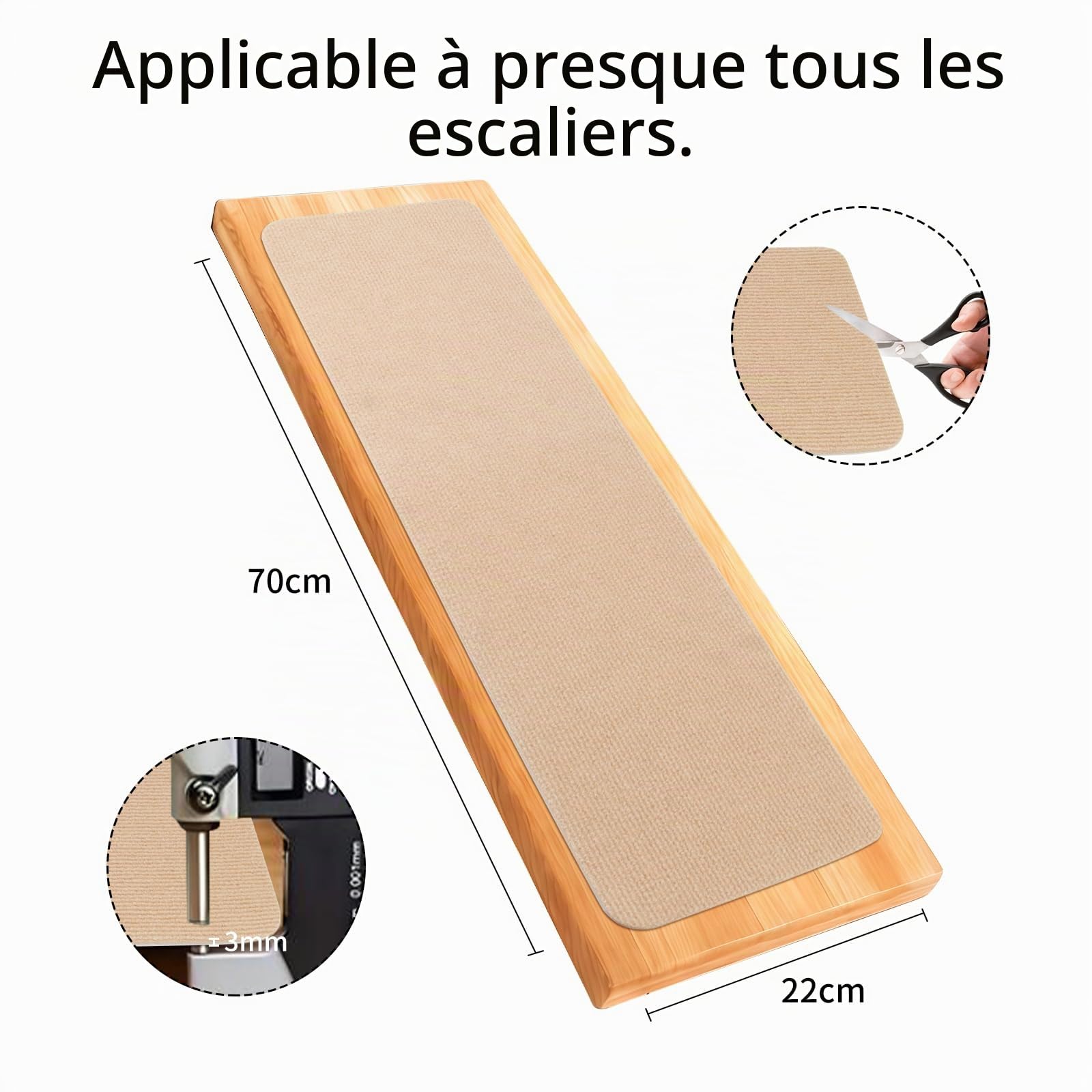 Lot de 15 tapis d'escalier autocollants pour escalier en bois massif, carrelage, marbre, antidérapant, insonorisant, rectangulaire, 70 x 22 cm, beige