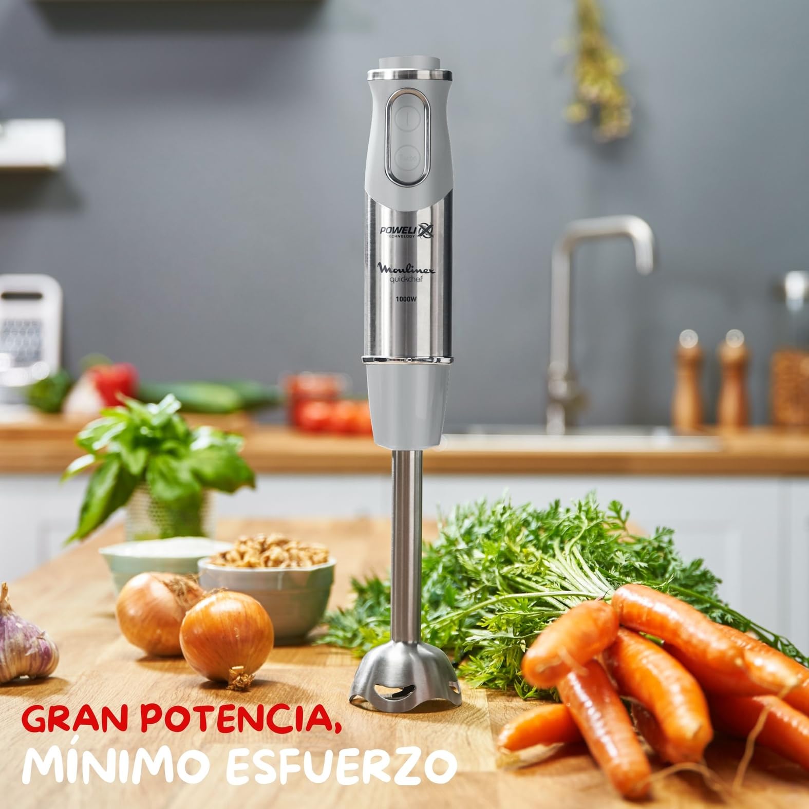 Visita la tienda de Moulinex Moulinex Quickchef, Batidora de mano, Potencia de 1000 W, Cuchillas Powelix, 20 velocidades variables y modo turbo, Incluye picadora 500 ml, vaso medidor 800 ml y varillas, Gris, DD655DES in use