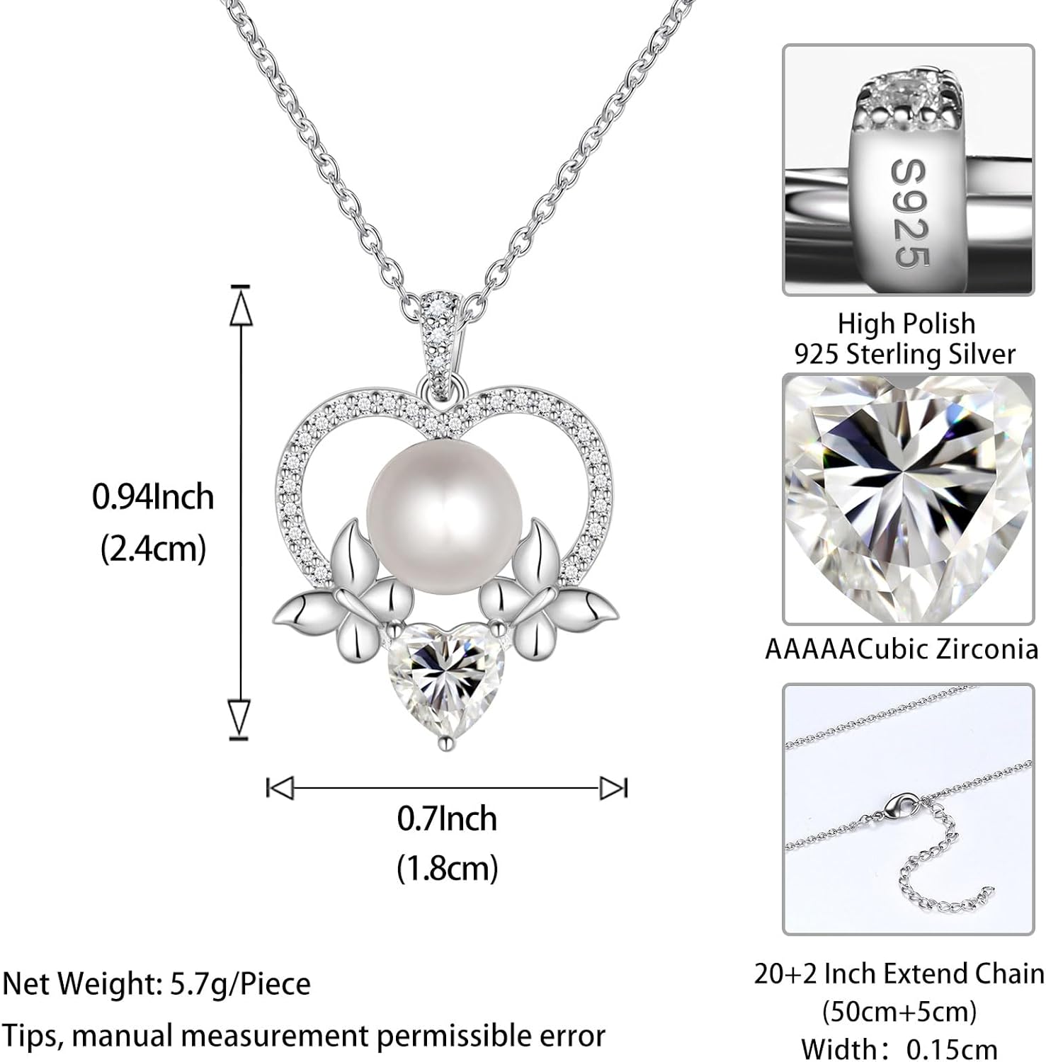 Jewmon Valentine Day Giftsf for Her Natural Freshwater Pearl Necklace for Women 925 Sterling Silver Butterfly Pendant Necklace Bow Cubic Zirconia Charm Elegant Pearl Wedding Bridal Jewelry for Her - Image 6