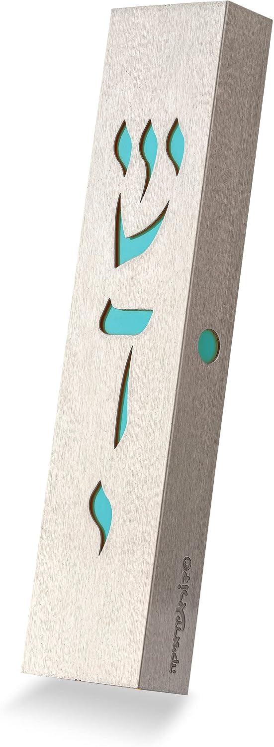 Ayuni Gifts of the World Modern Stainless Steel Mezuzah Case Original Judaica Art (Teal Ve-ahavta)