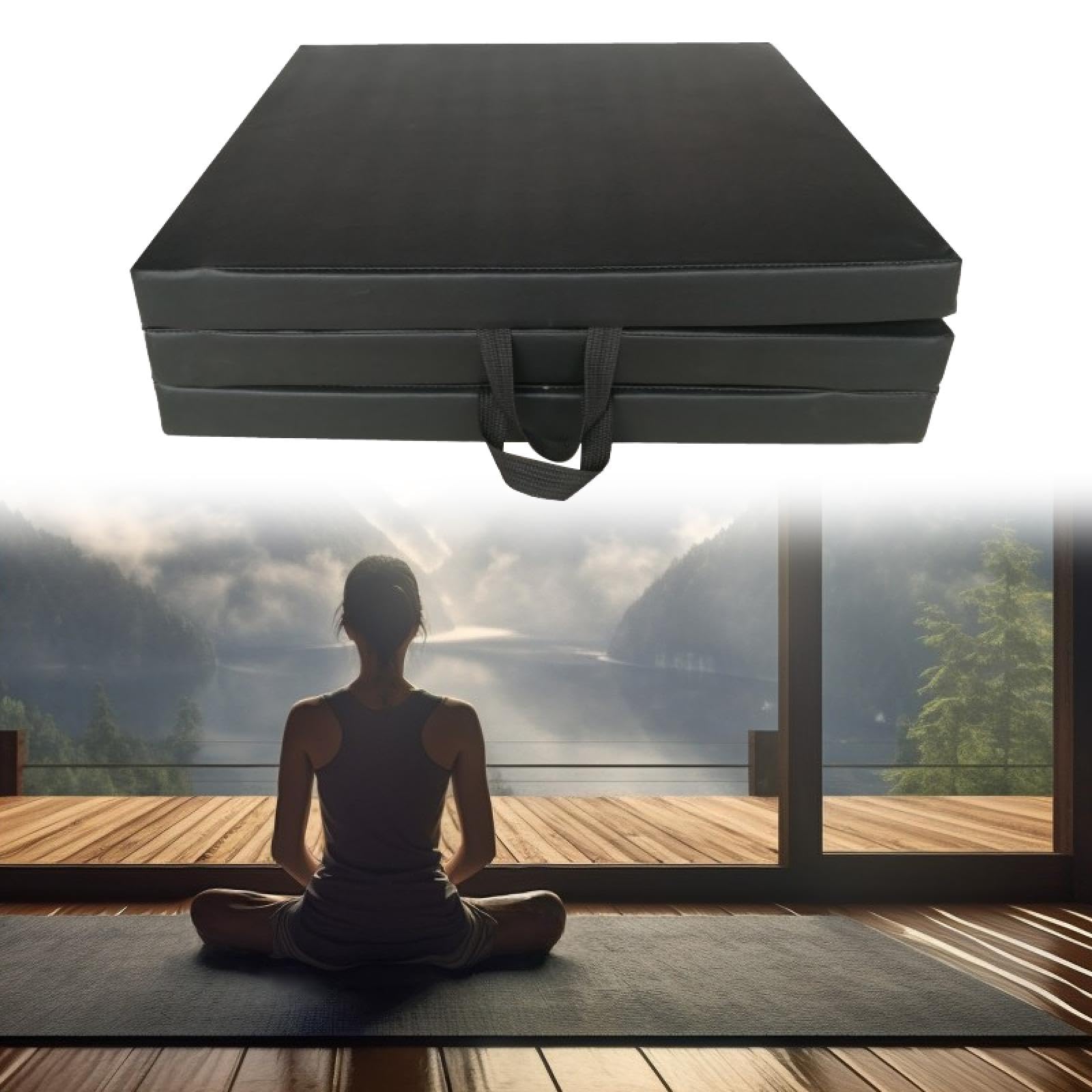 Vaveren Tri Fold Folding Exercise Mat Yoga Mat PU Leather Nonslip MMA with Handles Aerobics for Women Training Workout Gymnastics Mat, Black