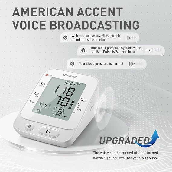 yuwell Blood Pressure Monitor, Large Upper Arm Blood Pressure Cuff, Digital Blood Pressure Machine for Home Use, Large Display, Stores 99 Readings, Voice Broadcasting with Power Adapter and Batteries