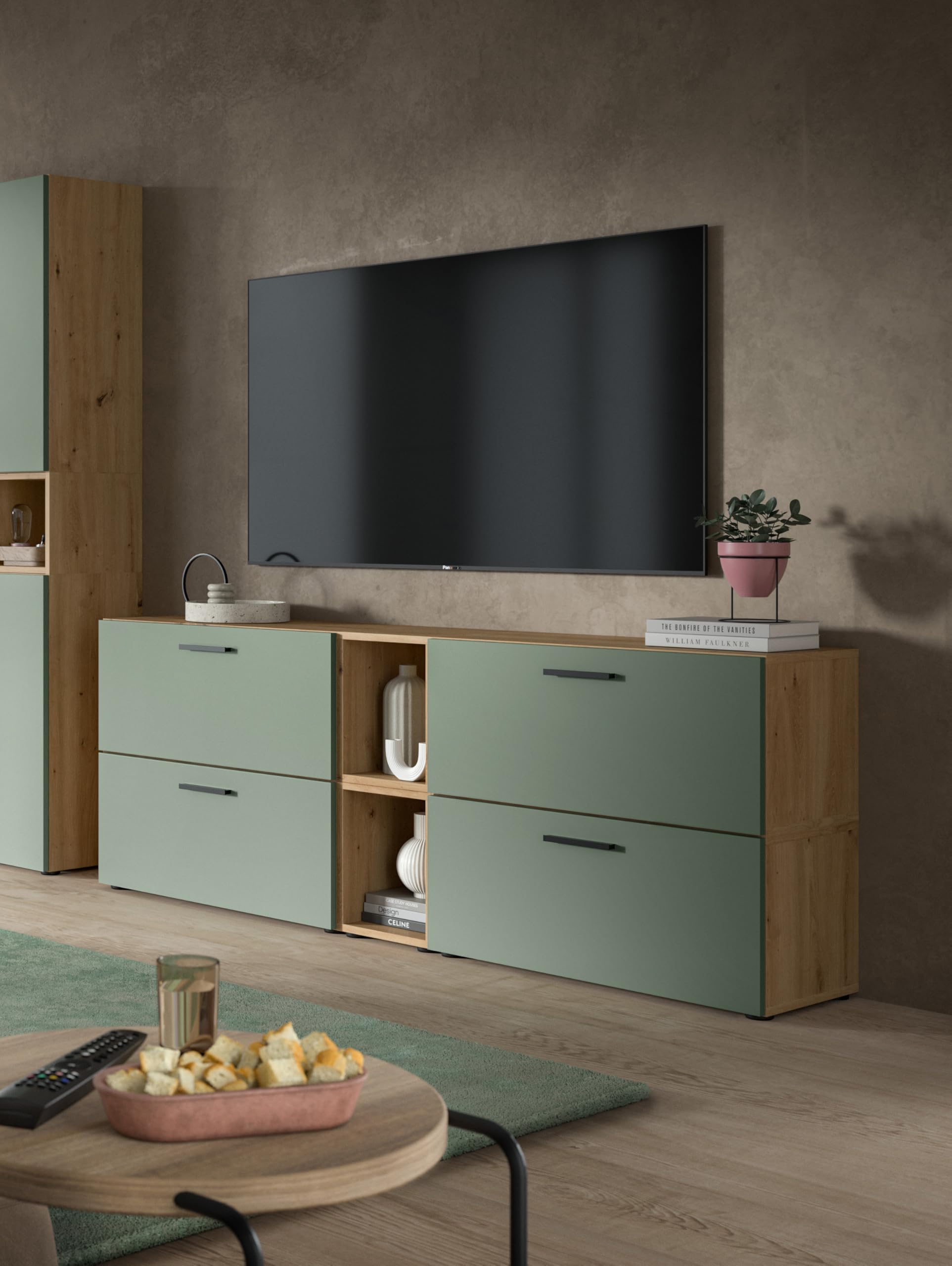 xonox.home – Wohnkombination The One 176x67x34 cm in Artisan Oak und Smoke Green – Kompakte Wand mit 4 Klappen – 10 Fächer bieten viel Stauraum & eine beruhigende Farbkombination für den Raum
