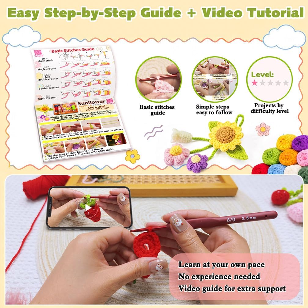FUNSHOWCASE Crochet Kit for Beginners, DIY 7 Flower Charms for Car Hanging with Video Tutorial
