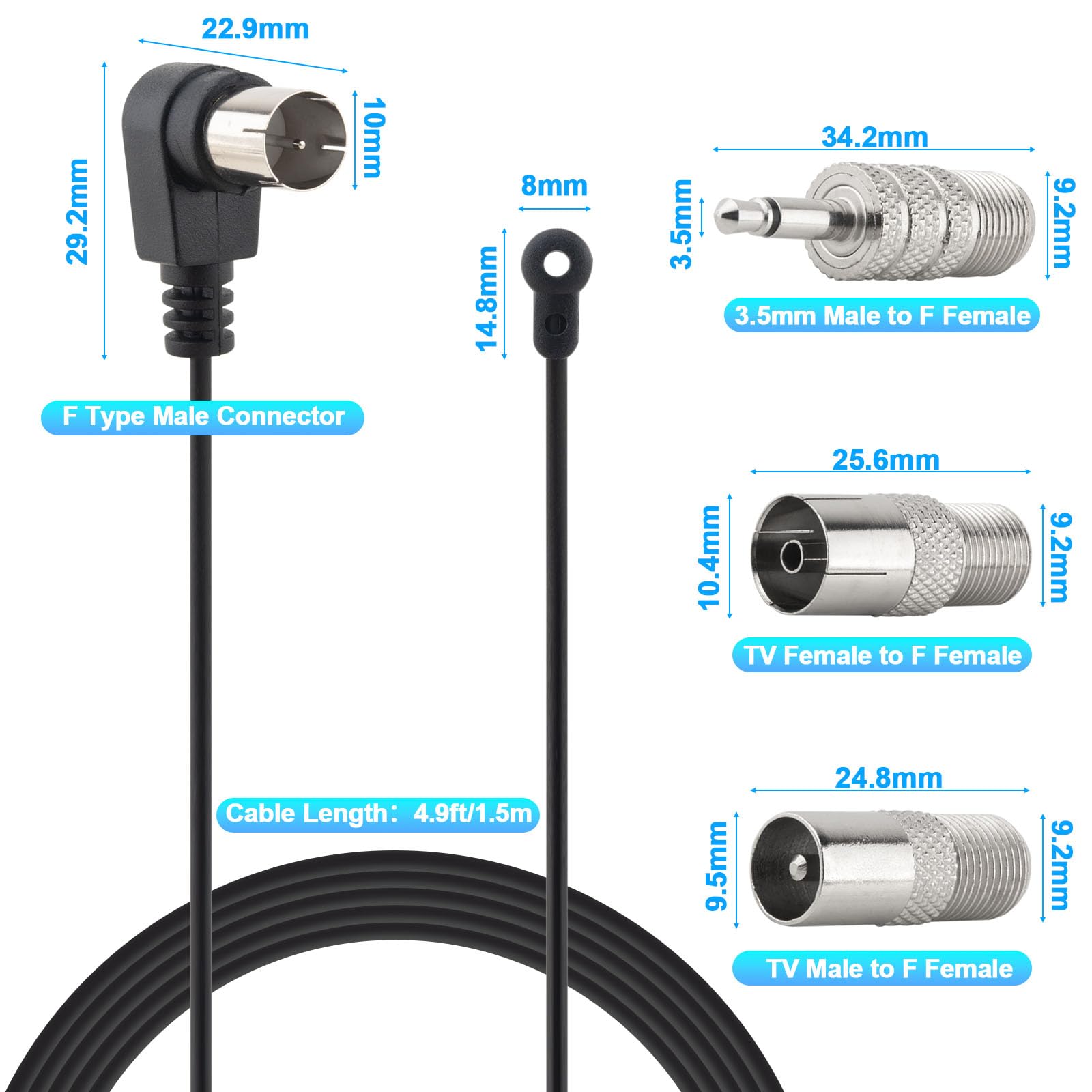 Antenne FM 75 Ohm - Antenne radio FM de type F mâle - Câble coaxial avec adaptateur pour Pioneer Onkyo Yamaha Marantz - Récepteur radio HD numérique d'intérieur - Radio FM AV audio vidéo