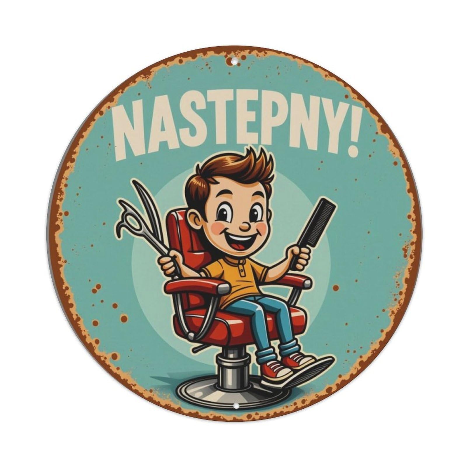 Polish Nastepny Vintage Barber Shop Cartoon Boy Round Vintage Aluminium Metal Sign, Retro Wall Decor for Home, Bar, Garage & Farmhouse 20x20cm