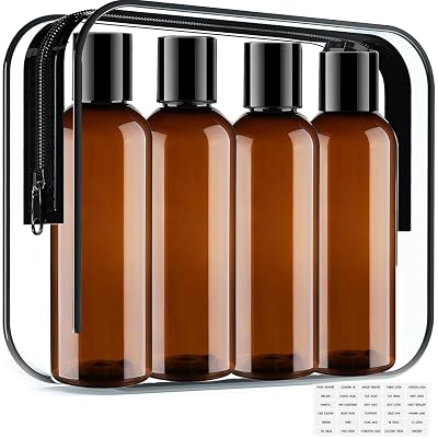 Moonlik Toiletry Travel Bottles, 4Pack 3.4oz/100ml - Squeezable Plastic Containers with Flip Caps - Refillable Cosmetic Kit for Shampoo, Conditioner, Lotion, and Travel Essential- Brown