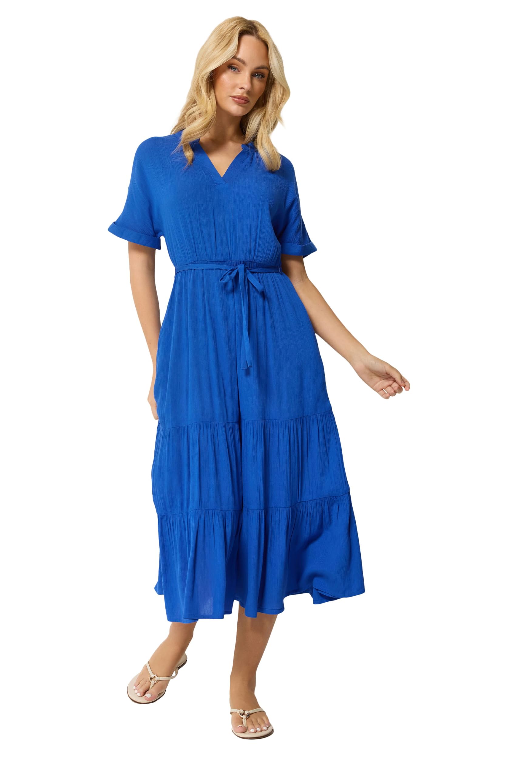M&Co Blue Tiered Tie Waist Midi Dress - Women's