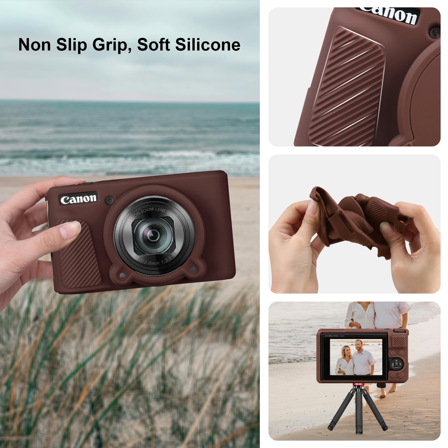 Canboc Custodia fotocamera digitale Canon PowerShot SX740 SX730 HS, custodia da trasporto dura + copertura protettiva in silicone morbido con copertura lente rimovibile, marrone