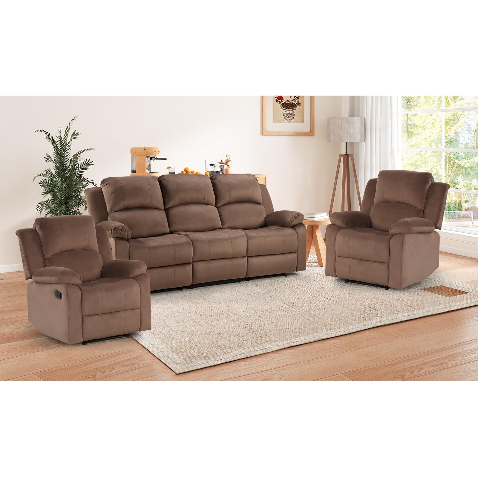 EBELLO Manual Recliner Sofa Set, Modern Microfiber Reclining Couch Furniture Set for Living Room, Includes 2 Recliner Chair and 1 3-Seater Reclining Couch for Home Theater and Office, Brown view 8