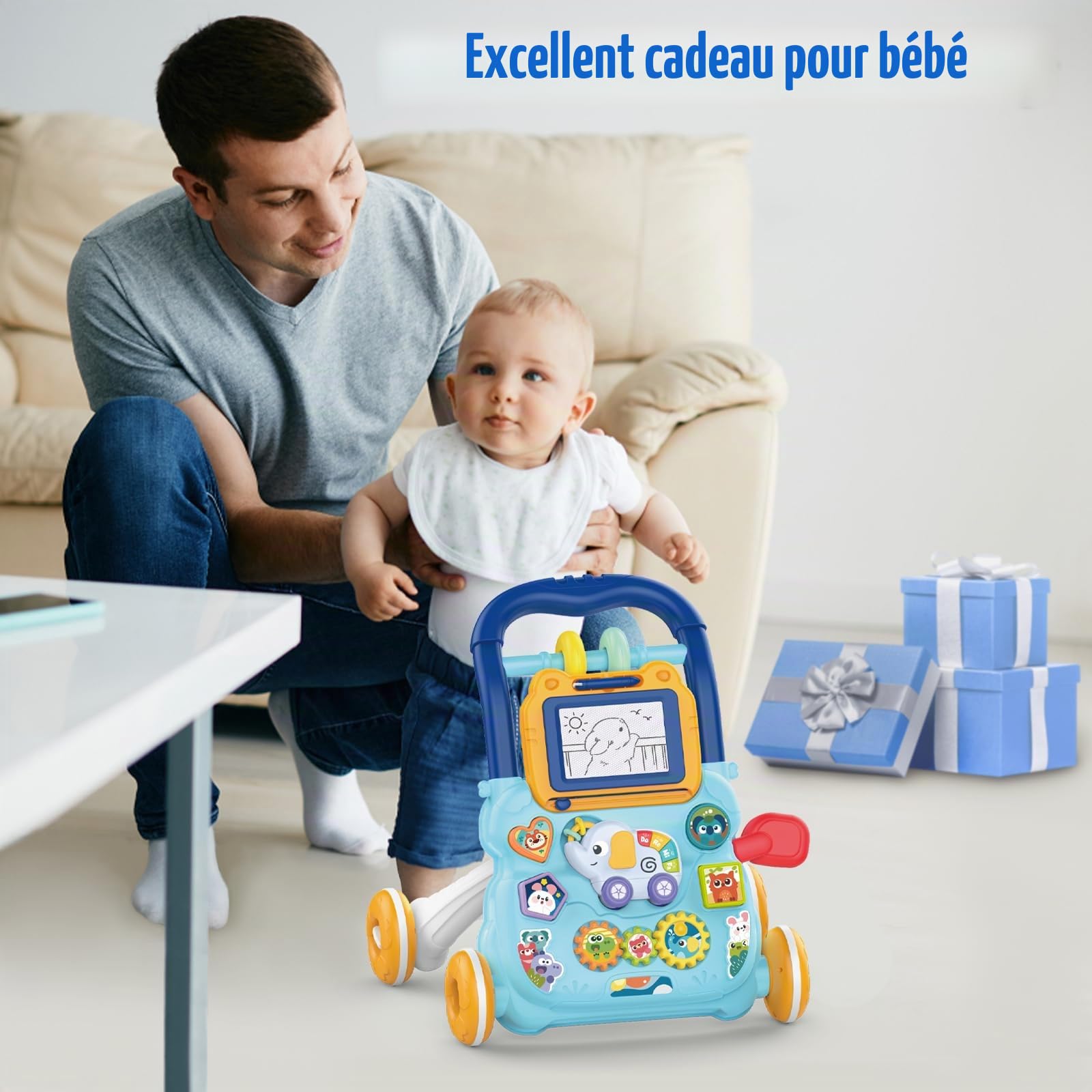 Marcheur D'apprentissage Assis-Debout, Jouet 2 En 1 Pousser pour Bébé avec Musique et Tableau de Dessin, Centre D'activités Éducatives Multifonctionnel pour Enfants Filles Garçons 12M+ (Bleu)