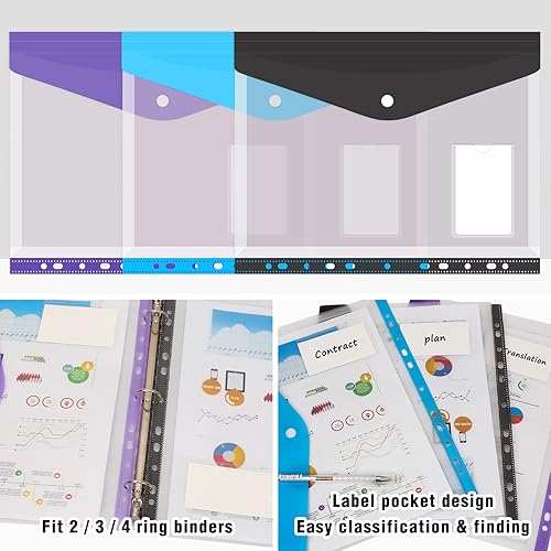 Miniatura 5 de Colorlife - Paquete de 12 carpetas de plástico para sobres, 11 agujeros, carpetas expandibles para documentos de 234 anillos con botón a presión y