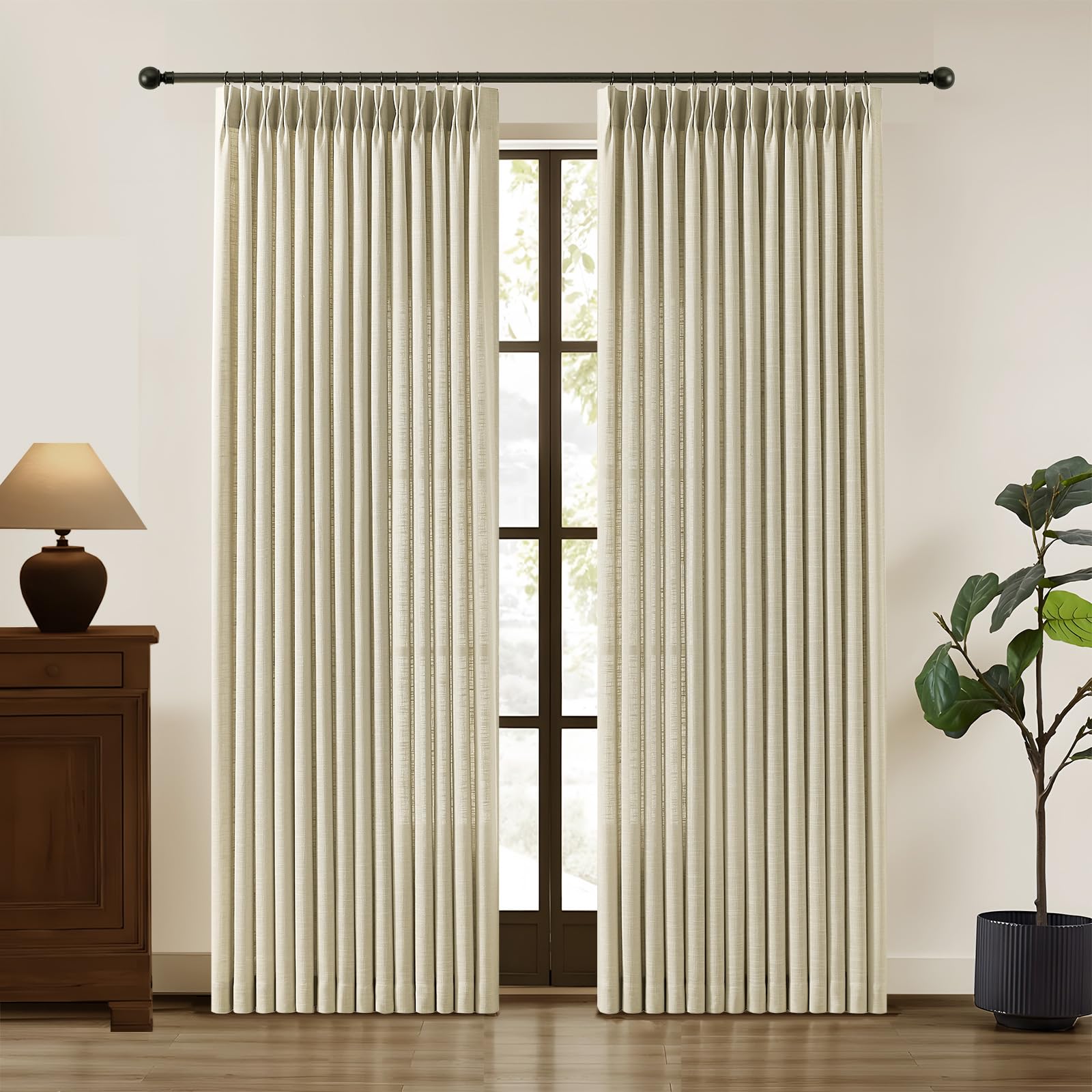 Photo 1 of Linen Pinch Pleated Curtains 84 Inches Long for Living Room, Neutral Light Filtering Pleat Drapes Textured Thick Memory Trained Semi-Sheer Window Curtain with Hooks for Bedroom Farmhouse, 2 Panels