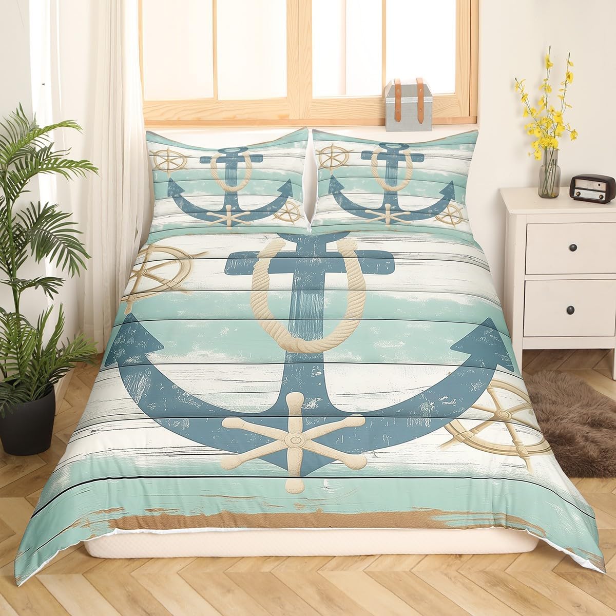 Erosebridal Anchor Bedding Set Nautical Theme Toddler Duvet Cover for Kids Boys Girls,Ocean Sailboat Coastal Comforter Cover Striped Wooden Board Hemp Rope Bed Set