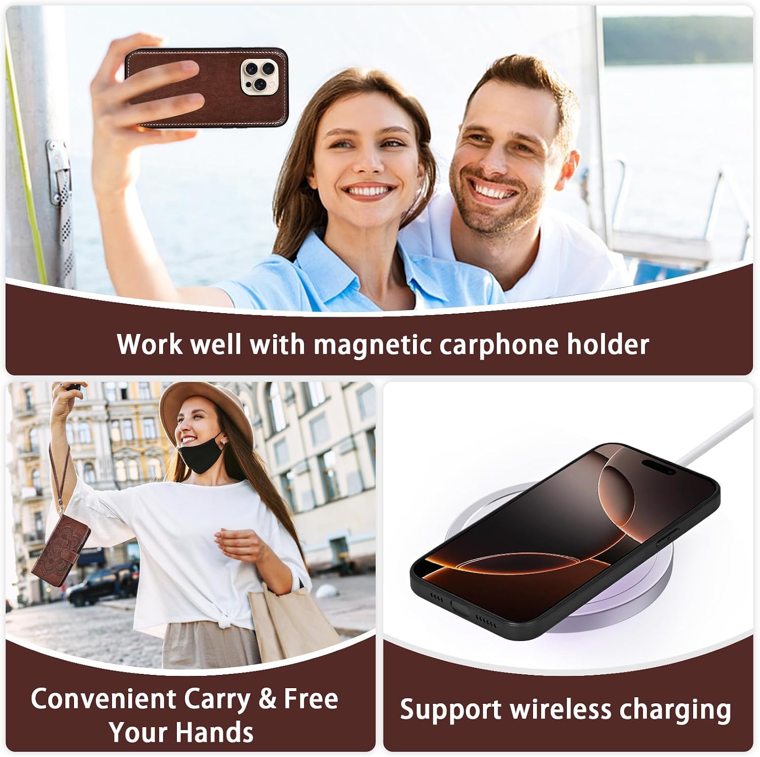 Asuwish Phone Case for iPhone 16 Pro 6.3 inch Zipper Wallet Detachable Cell Cover with Tempered Glass Screen Protector Crossbody Lanyard Strap Flower Card Holder i Phone16 i16 16Pro Women Girls Brown