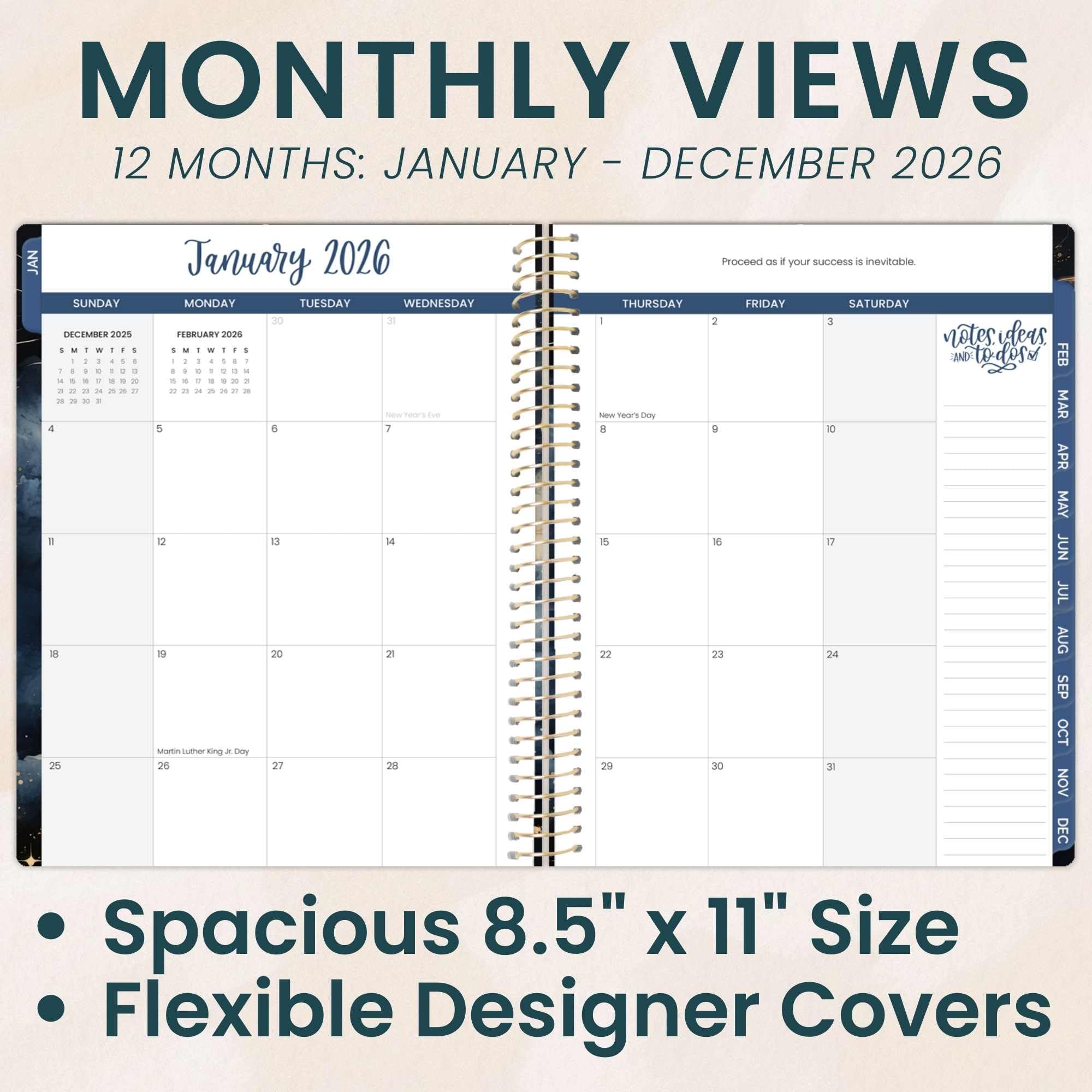 bloom daily planners Planer 2026 (od stycznia do grudnia) - 21,5 cm x 28 cm tygodniowy i miesięczny organizer z naklejkami i zakładkami - elastyczna miękka okładka - Midnight Sky