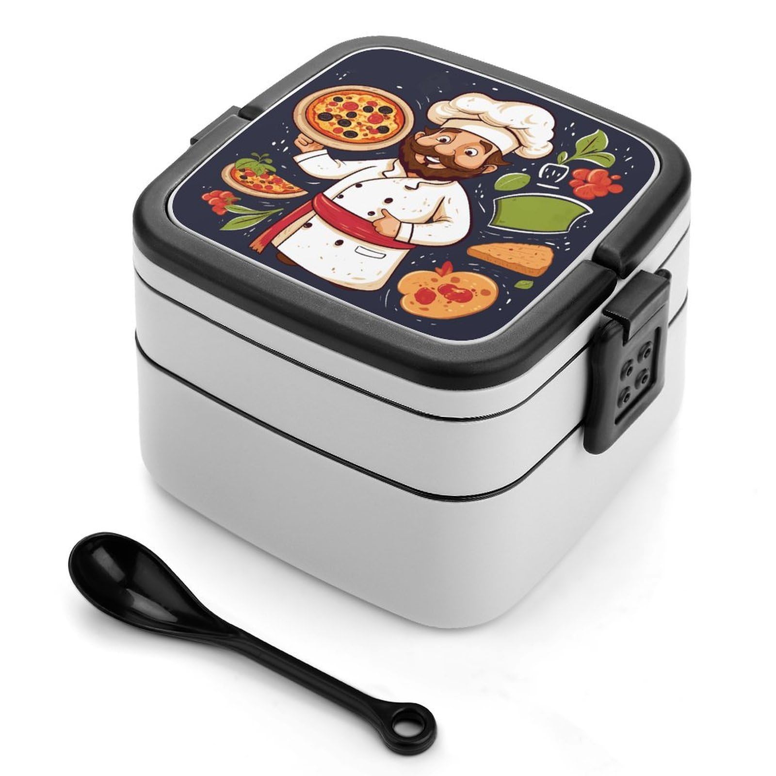 FekiLoot Chef Pizza Bento Box Adult Lunch Box Sealed Bento Lunch Boxes with Spoon Sturdy Double Layer Bento Boxes Snap-on Design Leak Proof Lunch Containers Ideal for Work