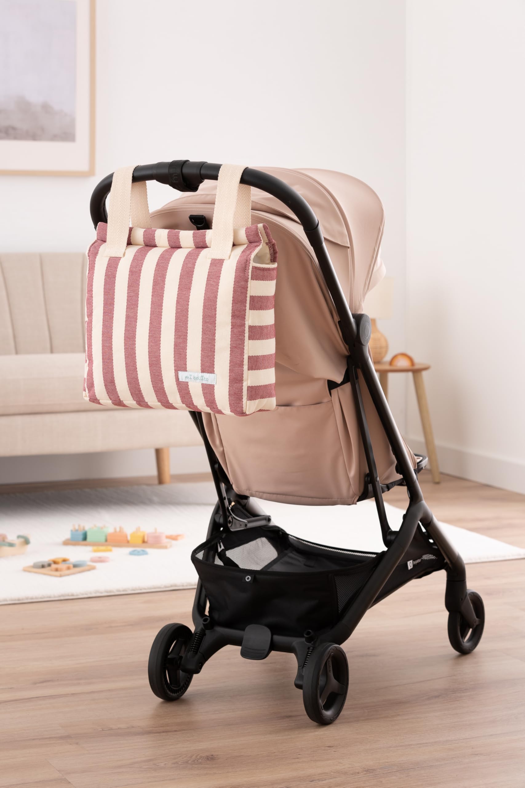 Borsa per passeggino universale con chiusura a scatto, leggera, grande capacità, design a righe