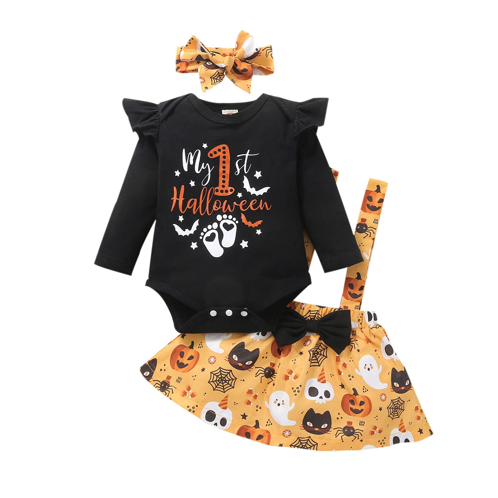 JulholdInfant Baby Girl Halloween Cartoo Pumpkin Pattren Printed Long Sleeve Ruffle 3pcs Outfits Autumn Winter Romper Bodysuit+Strp Skirts +Bow Headbands Sets, 3-18months