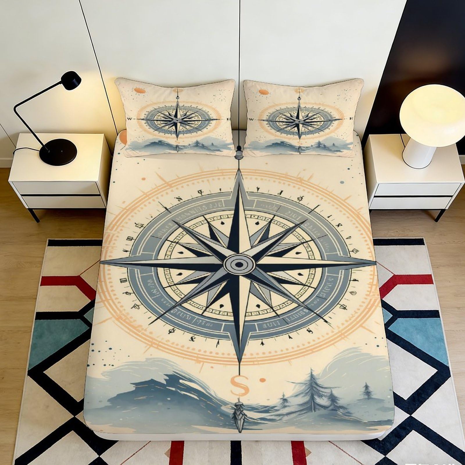 3D Printed Compass Nautical Fitted Sheet Microfiber Anti-Slip Map Mattress Cover for Bedroom Dorm Room Decor 120x200cm 120x200x25cm