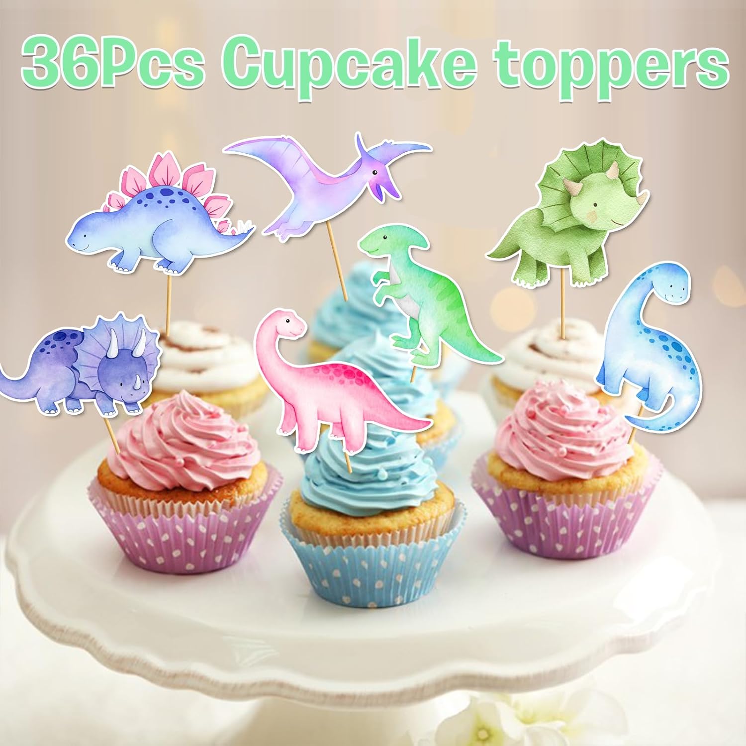 36 Pcs Dinosaur Cupcake Toppers - Girl Dinosaur Party Decorations Pink Dinosaur Birthday Decorations Dino Cupcake Toppers
