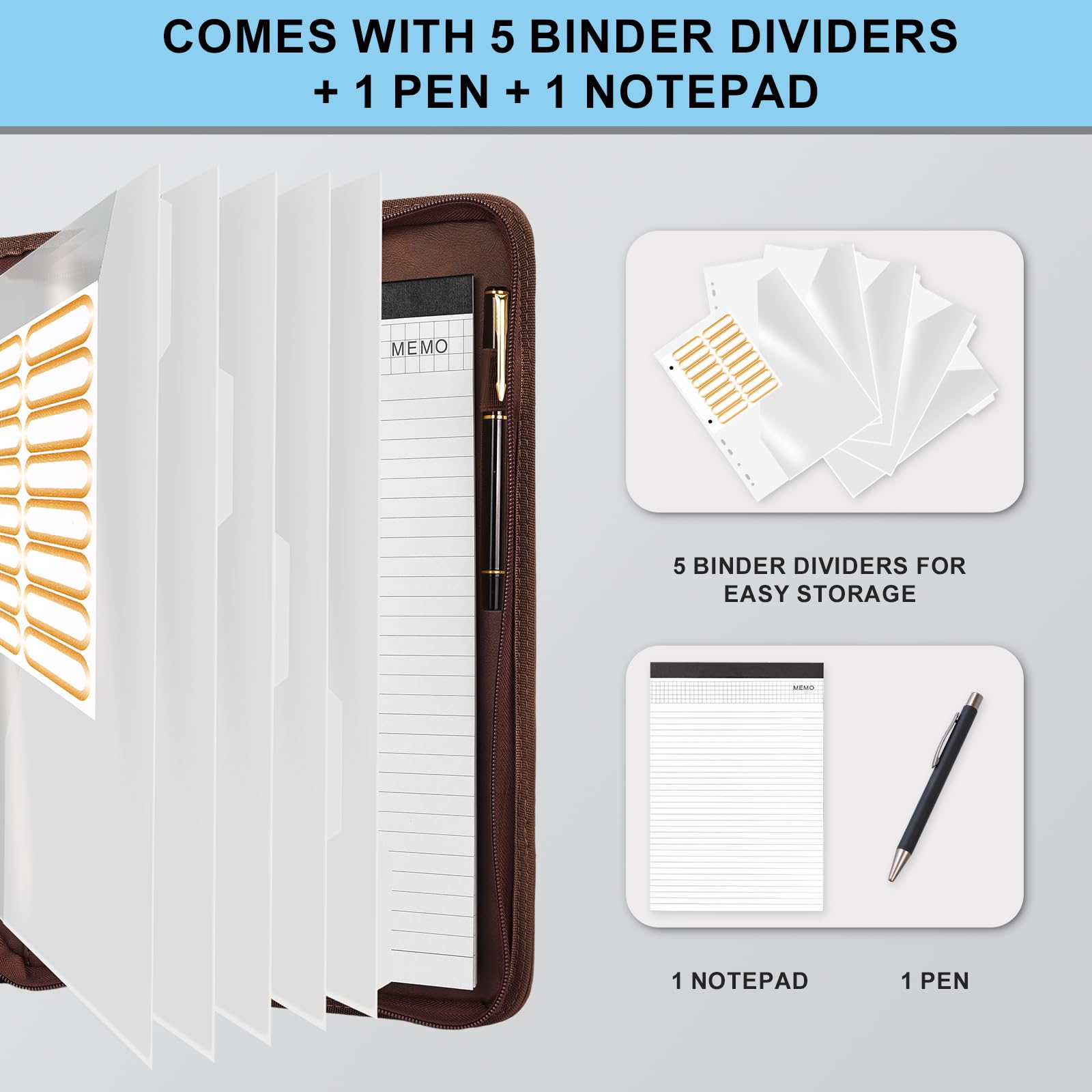 Eshow Portfolio Organizer – Raccoglitore a 3 anelli con cerniera, in pelle vegana, con blocco note, include 5 protezioni trasparenti per fogli per documenti, per uomini e donne