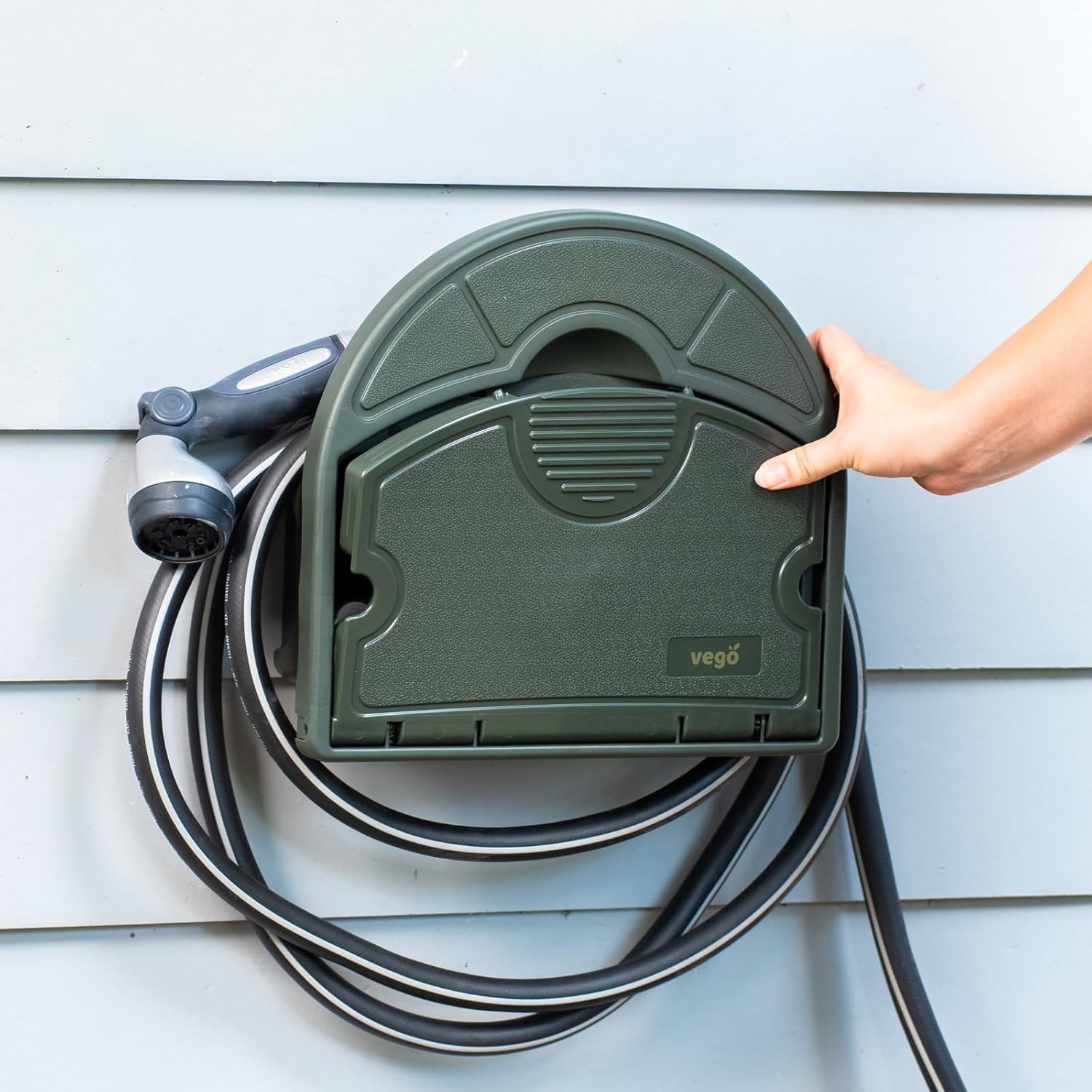Vego Garden Hose Hanger Hangout with 115 ft of 5/8" Capacity And Enclosed Storage Compartment (Seaweed Green)