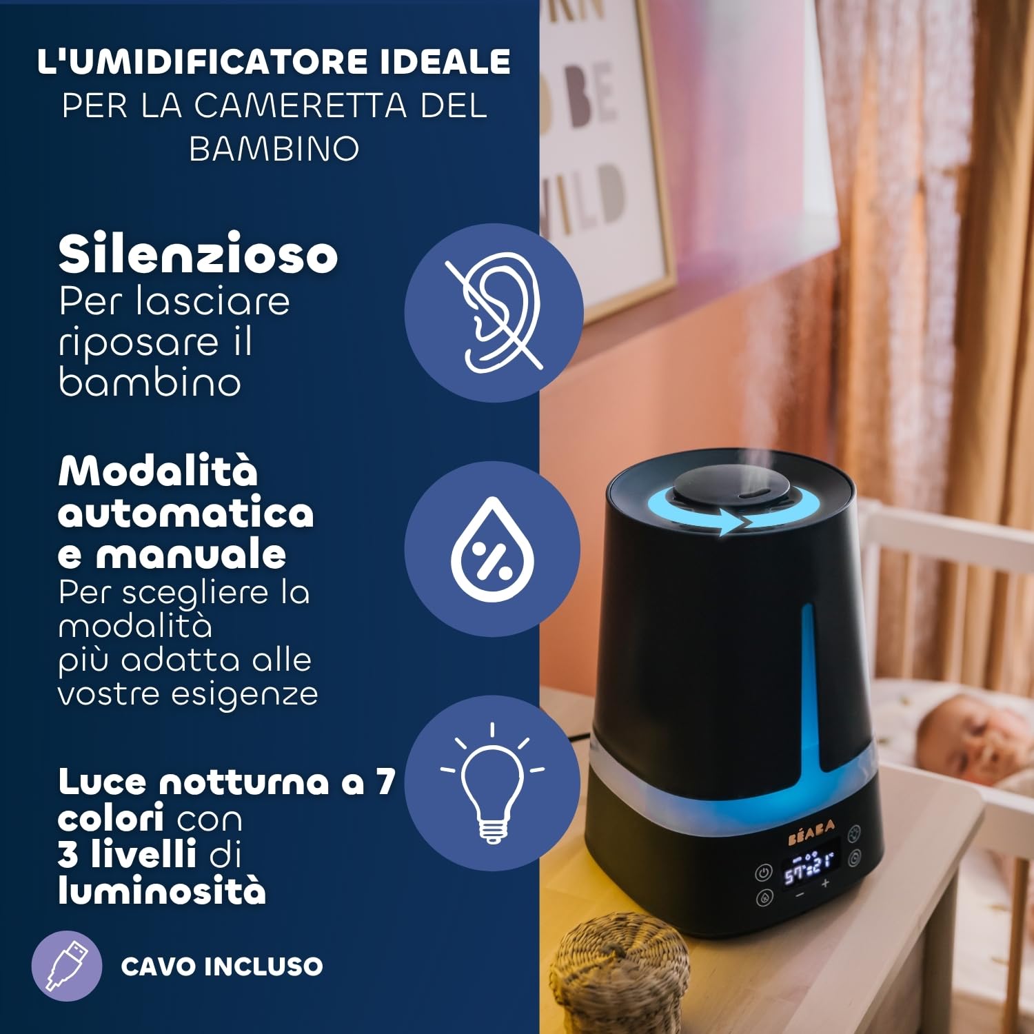 BÉABA, Umidificatore D’Aria Per Camera Del Bambino, Capacità 4L, Autonomia 27 Ore, Silenzioso, Luce Notturna 7 Colori Con 3 Livelli, Ugello 360°, 2 Modalità, Display LED, Timer, Blu notte