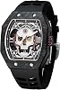 Mens Mechanical Automatic Skeleton Watch, Carbon Fiber Case, Barrel Shape, Tonneau Shape, Luminous Dial, Waterproof, Luxury, Popular, Black, avant-garde