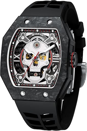 Mens Mechanical Automatic Skeleton Watch with Carbon Fiber Case, Mens Barrel Shaped Tonneau Watch with Luminous Dial, Waterproof, Luxury Gents Watch Popular, Black