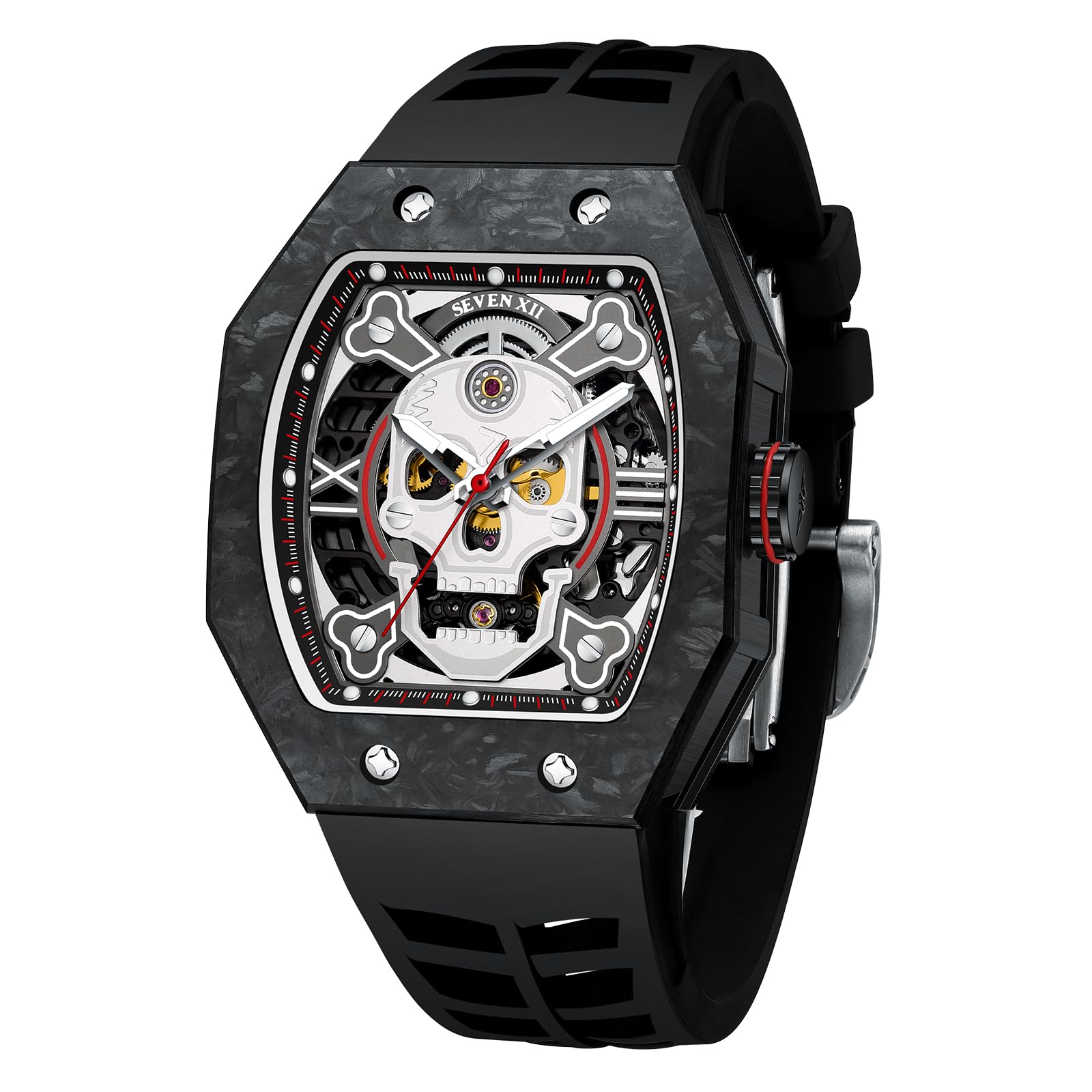 SEVEN XII スカル 機械式 自動巻き スケルトン時計 炭素繊維ケース トノー型 夜光文字盤 防水 高級 紳士 メンズ（ブラック）
