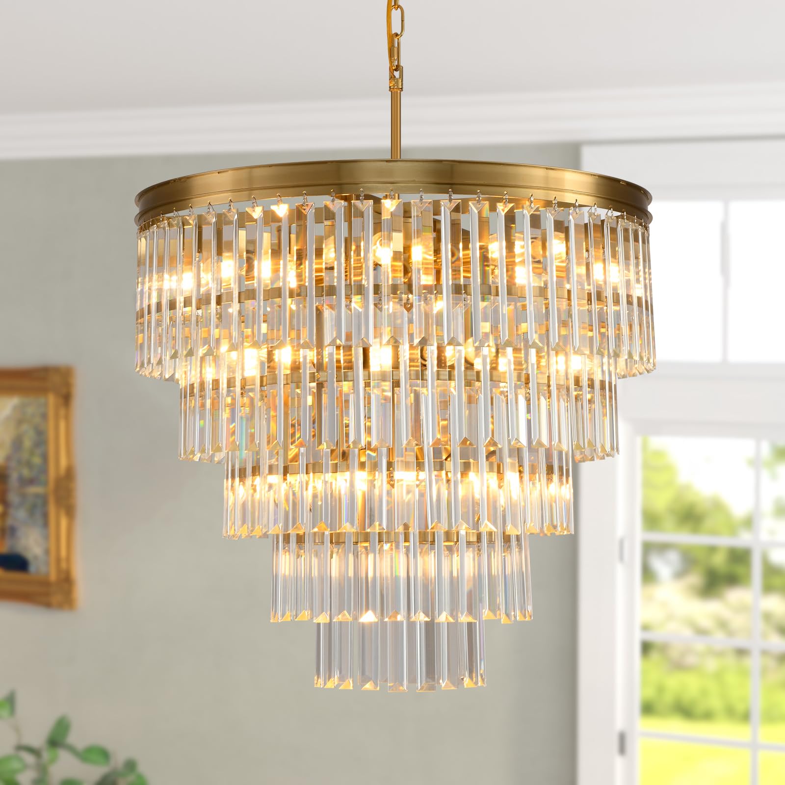 Modern Crystal Chandelier, Gold Crystal Chandelier Adjustable Ceiling Fixture, Crystal Ceiling Chandelier for Living Room Bedroom, Long Hallway Entrance.