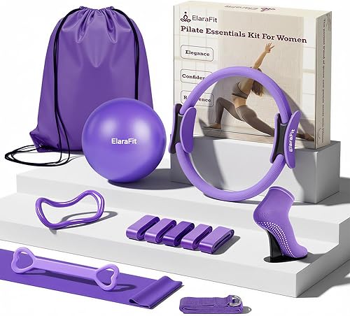 Home Pilates Ring and Ball Set for Women with 5 Resistance Bands 13 inch Magic Circle Workout Essentials Starter Kit for Beginners, Full Body Toning
